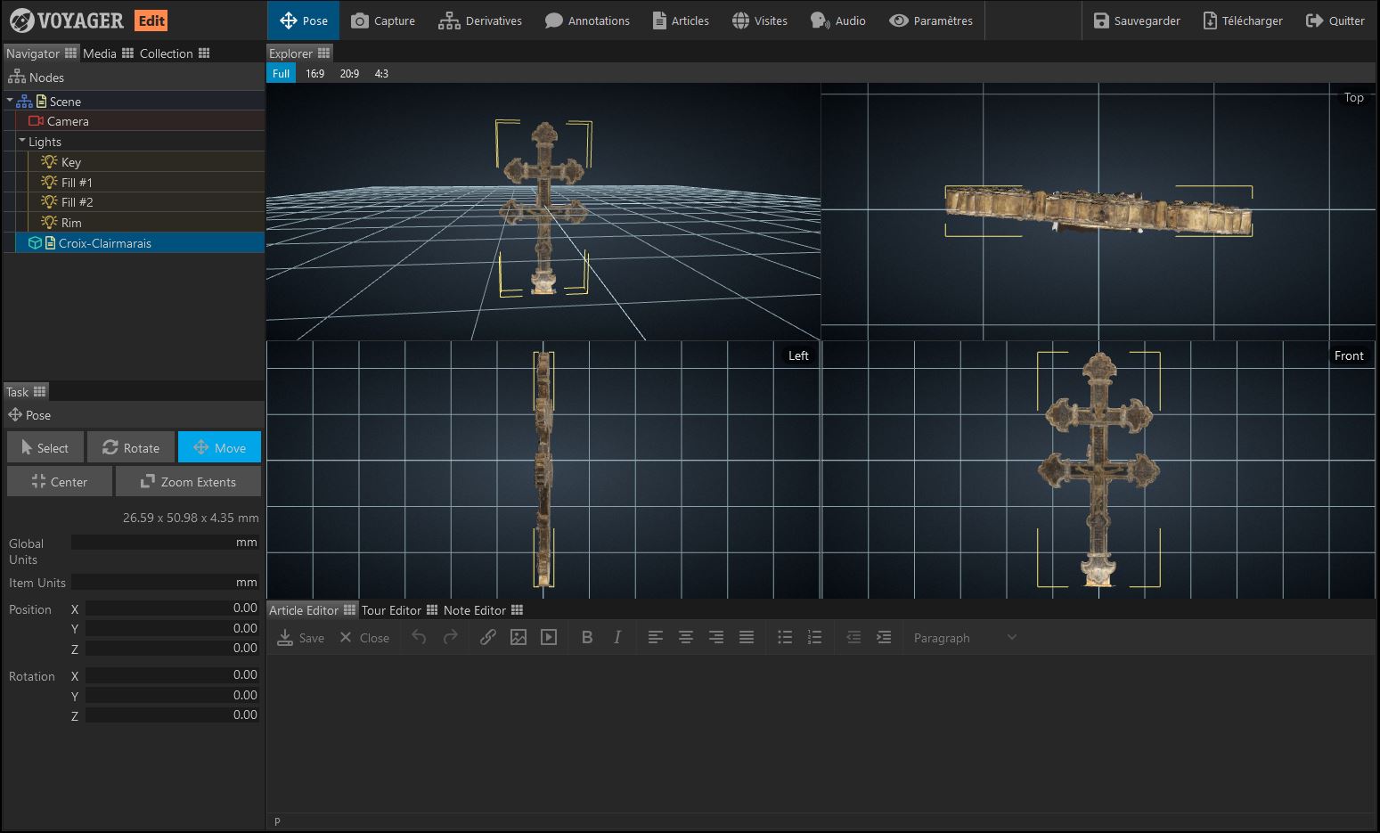 screen of Voyager application, position the model