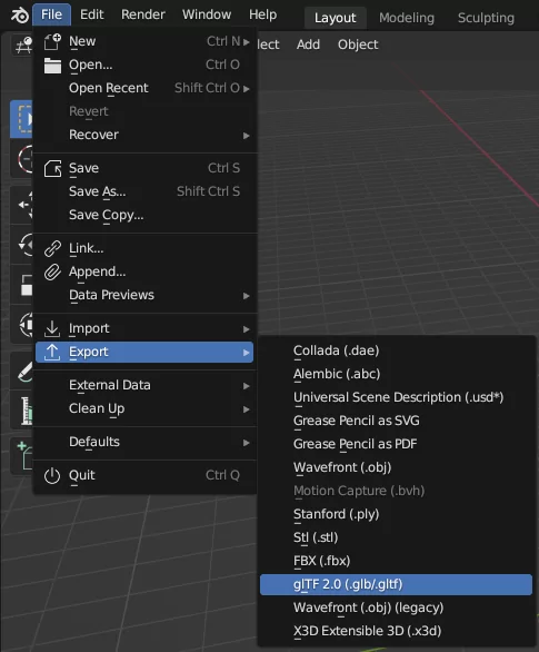 capture d'écran du menu d'import-export de blender