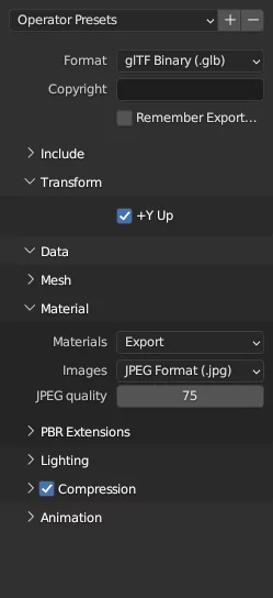 capture d'écran des options d'export au format glTF dans blender