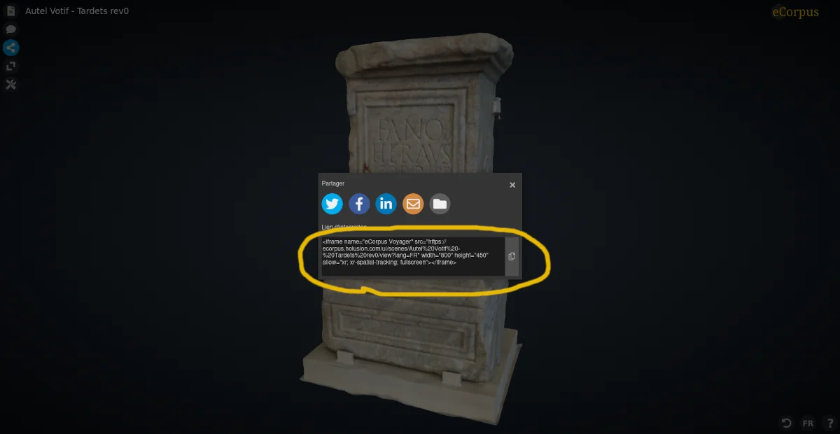 Scène Voyager-Explorer où la modale de partage est ouverte, permettant de copier un code iframe pointant vers la scène
