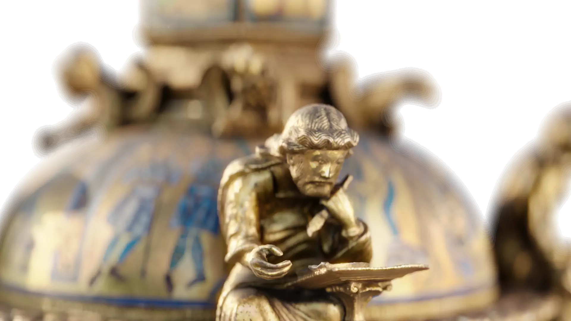 Close-up of the foot of the cross at Saint-Bertin Abbey. An evangelist is shown in front of his desk. Created using computer-generated images based on photogrammetry.